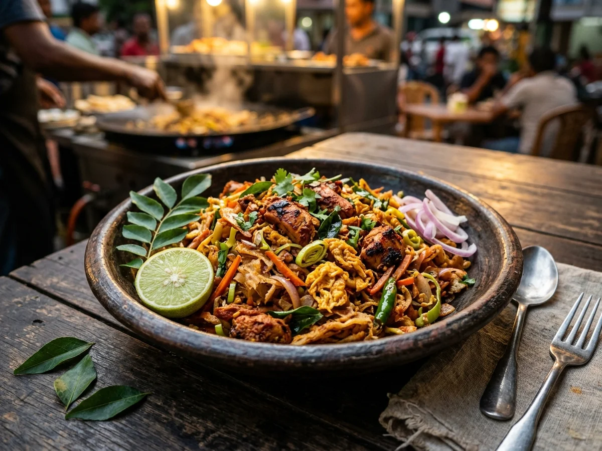 Freshly chopped Ceylon chicken kothu roti with spices